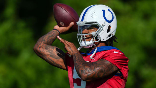 Indianapolis Colts quarterback Anthony Richardson (5) throws the ball Saturday, July 29, 2023, during Colts Training Back Together Weekend at Grand Park in Westfield.